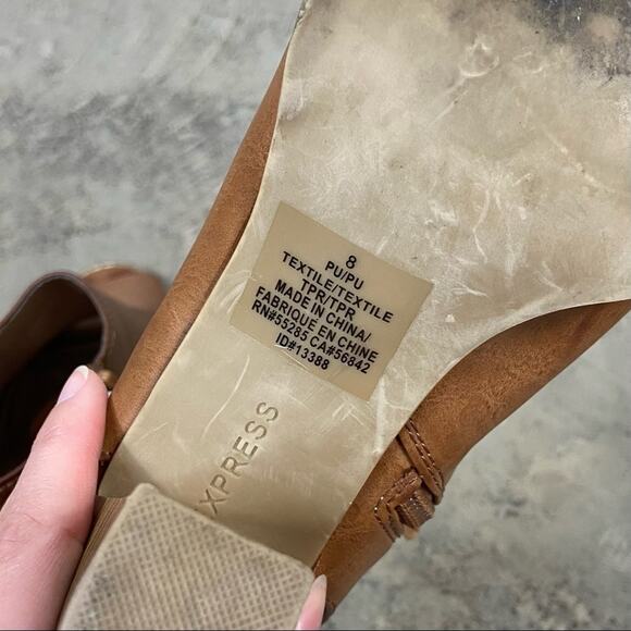 Express Size 8 Neutral Tan Genuine Leather Open Toe Heeled Ankle Boots Booties - Picture 11 of 13